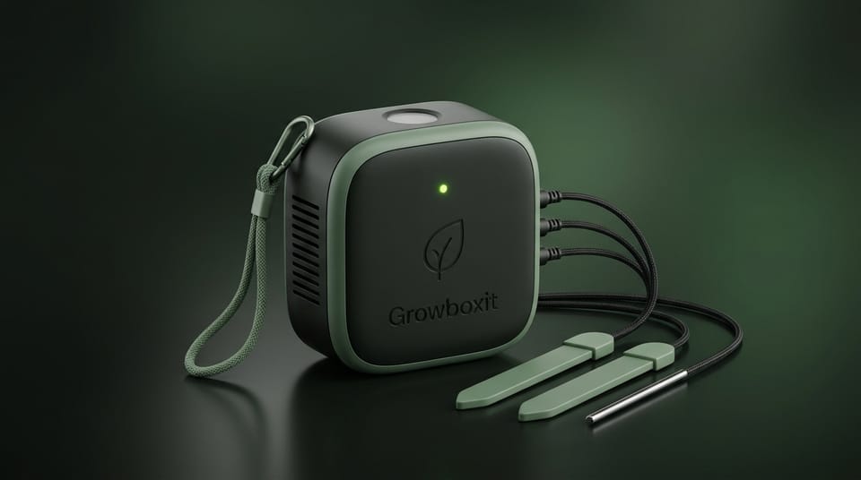 The Growboxit hub: a compact dark-green cube with a carabiner strap and three cables leading to two soil probes and a temperature probe